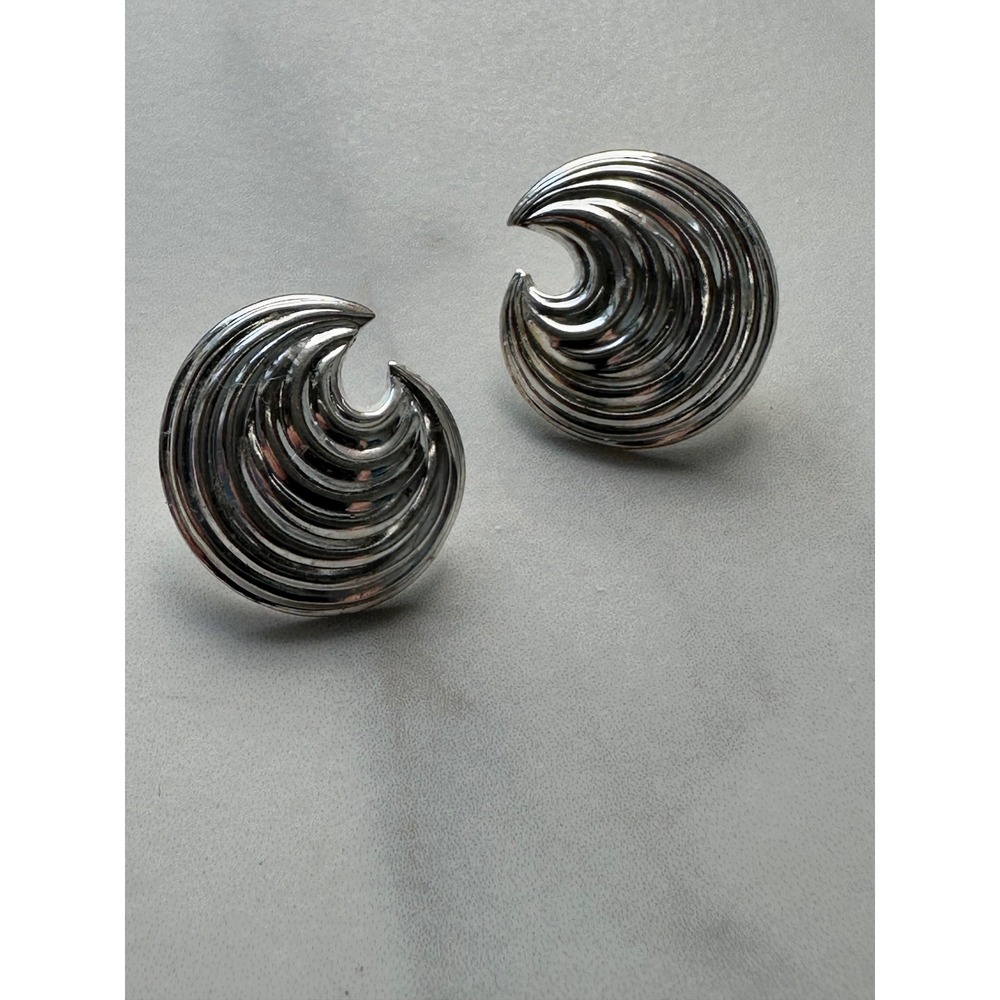 Sterling Silver Concentric Swirl Sculptural Stud Earrings Crescent Ribbed Design